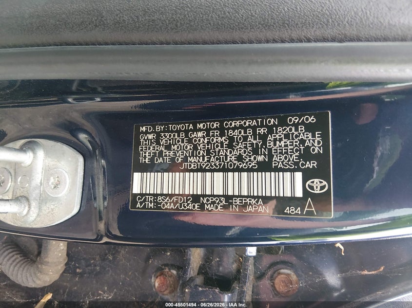 2007 Toyota Yaris VIN JTDBT923371079695 IAAI salvage auction — NORMAL WEAR, Clear (Massachusetts), sold $225 on 2026-07-14 (photo 9)
