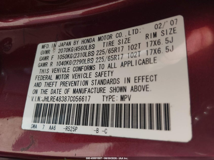 2007 Honda Cr-v VIN JHLRE48387C056617 IAAI salvage auction — FRONT END, Salvage (Pennsylvania), sold $625 on 2026-07-26 (photo 9)