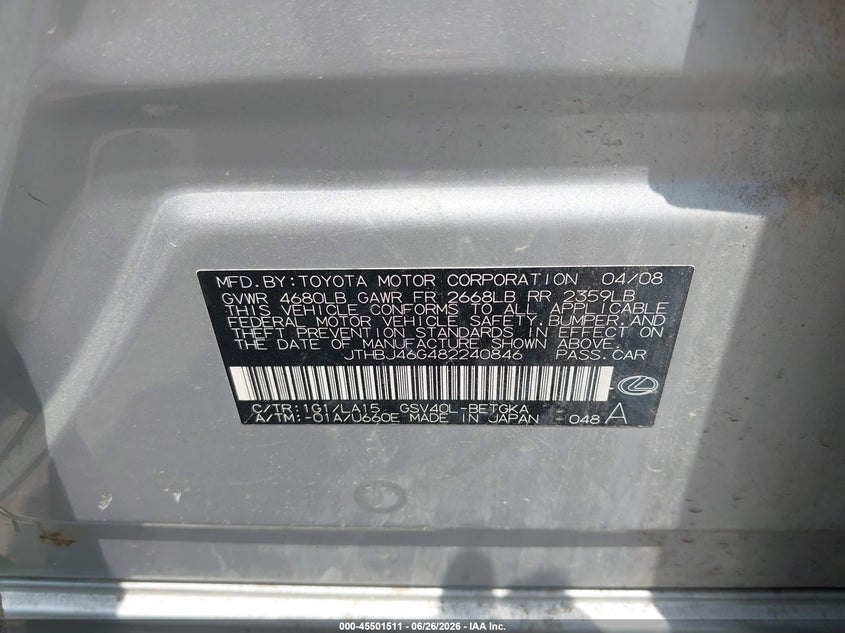 2008 Lexus Es 350 VIN JTHBJ46G482240846 IAAI salvage auction — FRONT & REAR, Clear (Virginia), sold $575 on 2026-07-07 (photo 9)