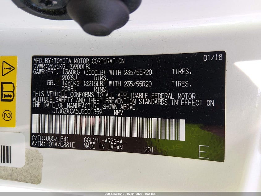 2018 Lexus Rx VIN JTJGZKCA5J2001359 IAAI salvage auction — FRONT END, Salvage Title, sold $8,600 on 2026-07-22 (photo 9)