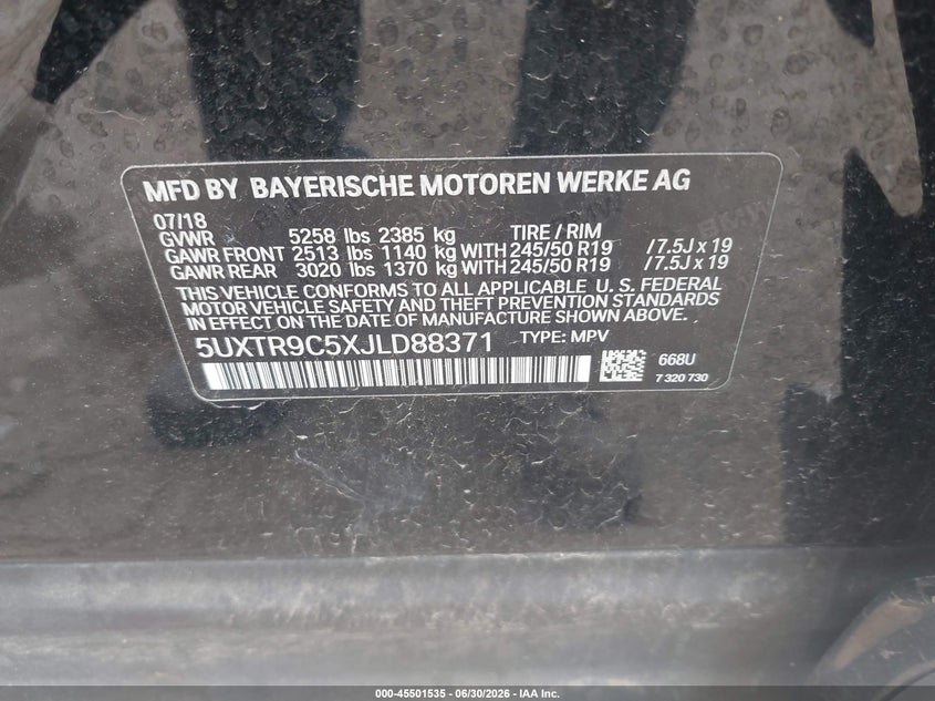 2018 BMW X3 VIN 5UXTR9C5XJLD88371 IAAI salvage auction — FRONT END, Salvage (Pennsylvania), sold $6,200 on 2026-07-31 (photo 9)
