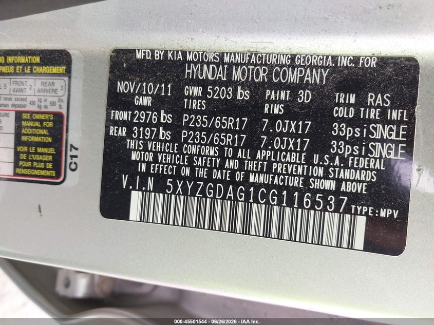 2012 Hyundai Santa fe VIN 5XYZGDAG1CG116537 IAAI salvage auction — NORMAL WEAR, Clear (Michigan), sold $1,450 on 2026-07-16 (photo 9)