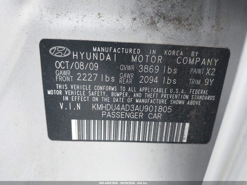 2010 Hyundai Elantra VIN KMHDU4AD3AU901805 IAAI salvage auction — FRONT END, Bill Of Sale (Washington), sold $375 on 2026-07-19 (photo 9)