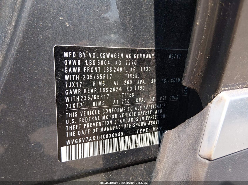 2017 Volkswagen Tiguan VIN WVGSV7AX1HK030585 IAAI salvage auction — FRONT END, Salvage (Massachusetts), sold $1,800 on 2026-07-18 (photo 9)