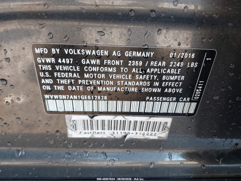2016 Volkswagen Passat cc VIN WVWBN7AN1GE512828 IAAI salvage auction — LEFT SIDE, Salvage (Louisiana), sold $900 on 2026-07-28 (photo 9)