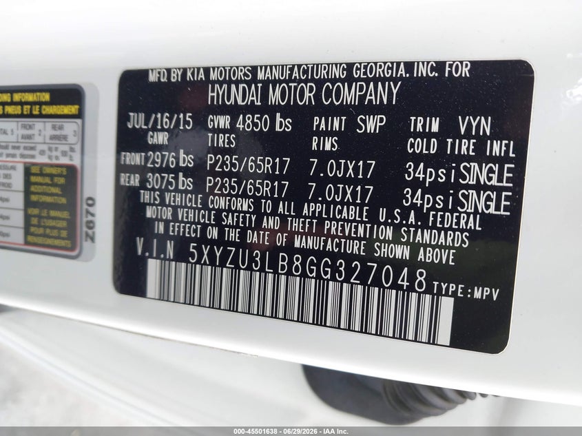 2016 Hyundai Santa fe VIN 5XYZU3LB8GG327048 IAAI salvage auction — LEFT FRONT, Salvage Title, sold $3,400 on 2026-07-17 (photo 9)