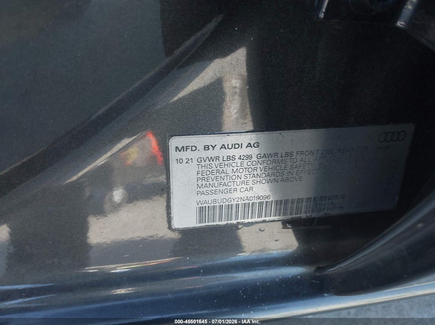 2022 Audi A3 VIN WAUBUDGY2NA019096 IAAI salvage auction — REAR END, Wait Title, sold $6,400 on 2026-08-03 (photo 9)