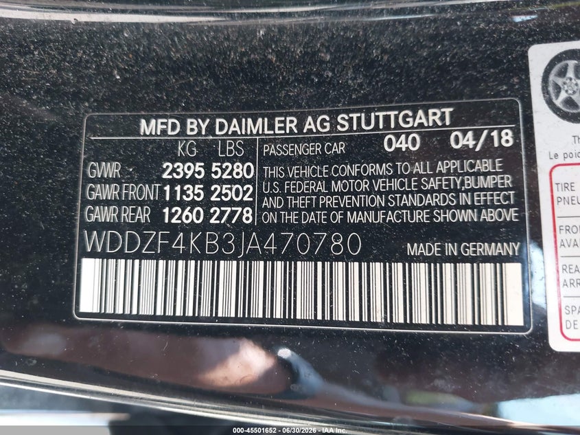2018 Mercedes-benz E-klasse VIN WDDZF4KB3JA470780 IAAI salvage auction — WATER/FLOOD, Salvage Title, sold $6,550 on 2026-07-28 (photo 9)