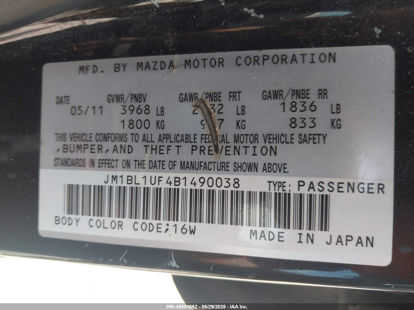2011 Mazda 3 VIN JM1BL1UF4B1490038 IAAI salvage auction — NORMAL WEAR, Original (Texas), sold $325 on 2026-07-29 (photo 9)