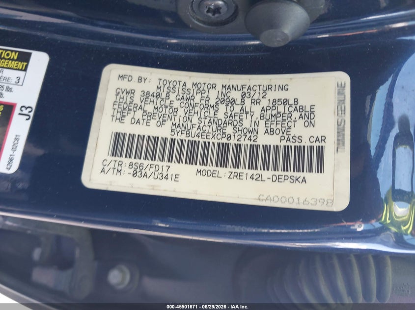 2012 Toyota Corolla VIN 5YFBU4EEXCP012742 IAAI salvage auction — LEFT FRONT, Rebuildable (Florida), sold $2,325 on 2026-07-23 (photo 9)