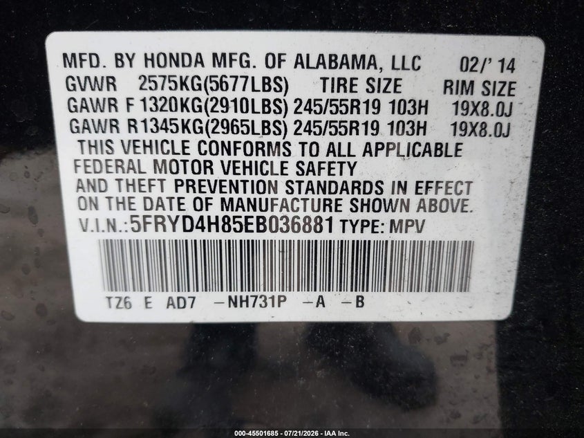 2014 Acura Mdx VIN 5FRYD4H85EB036881 IAAI salvage auction — FRONT END, Salvage Title, sold $2,250 on 2026-08-01 (photo 9)