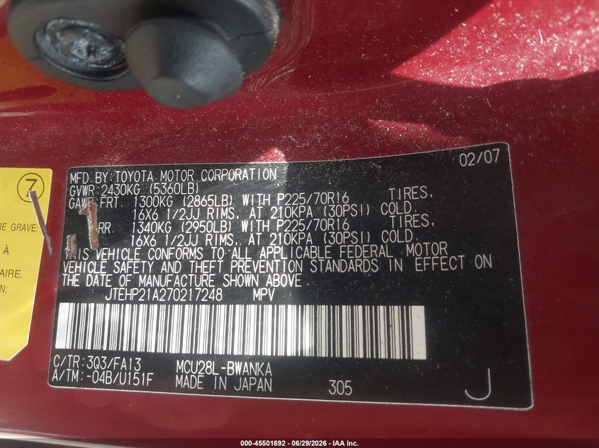 2007 Toyota Highlander VIN JTEHP21A270217248 IAAI salvage auction — NORMAL WEAR, Original (Ohio), sold $425 on 2026-07-14 (photo 9)