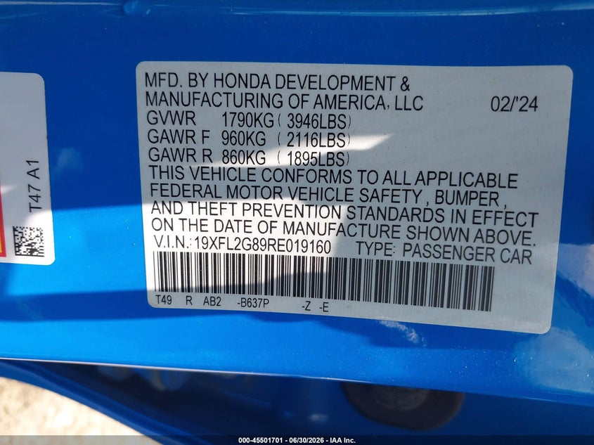 2024 Honda Civic VIN 19XFL2G89RE019160 IAAI salvage auction — SIDE, Salvage (Louisiana), sold $8,000 on 2026-07-28 (photo 9)