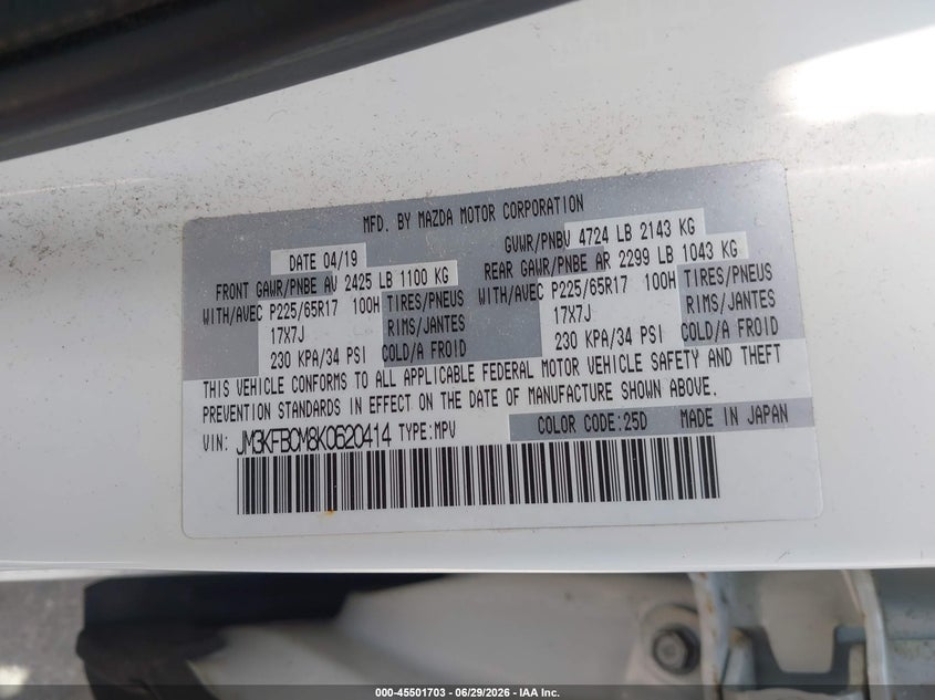 2019 Mazda Cx-5 VIN JM3KFBCM8K0620414 IAAI salvage auction — HAIL, Salvage (Ohio), sold $8,300 on 2026-07-14 (photo 9)