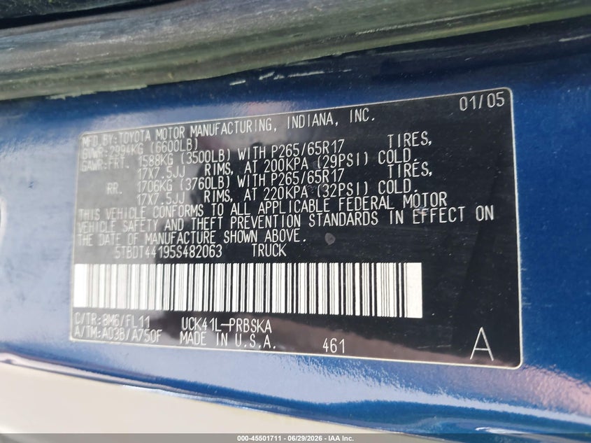 2005 Toyota Tundra VIN 5TBDT44195S482063 IAAI salvage auction — NORMAL WEAR, Original (Ohio), sold $3,500 on 2026-07-13 (photo 9)