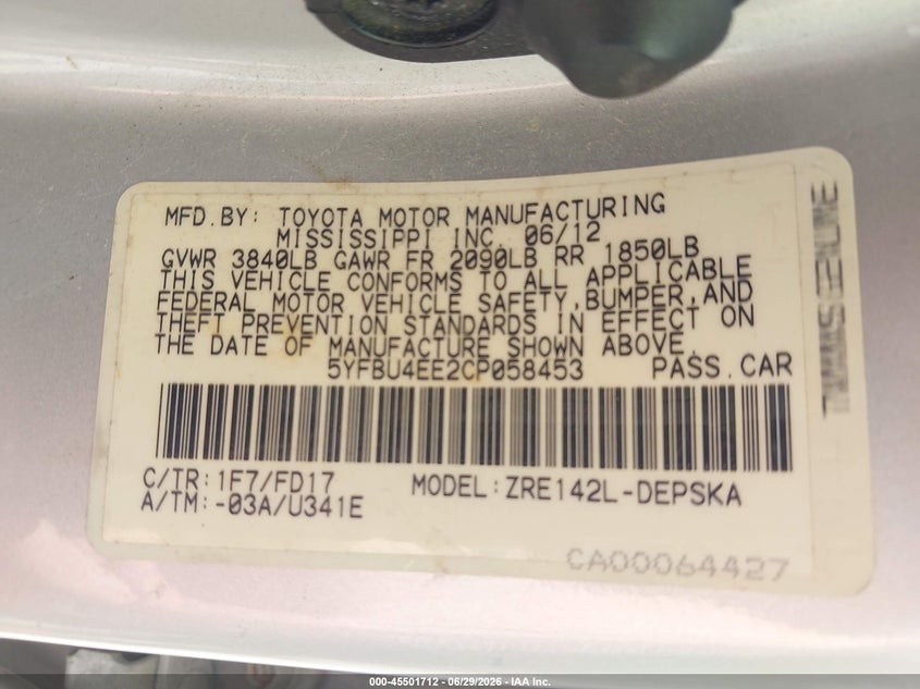 2012 Toyota Corolla VIN 5YFBU4EE2CP058453 IAAI salvage auction — FRONT END, Clear (Indiana), sold $525 on 2026-07-29 (photo 9)