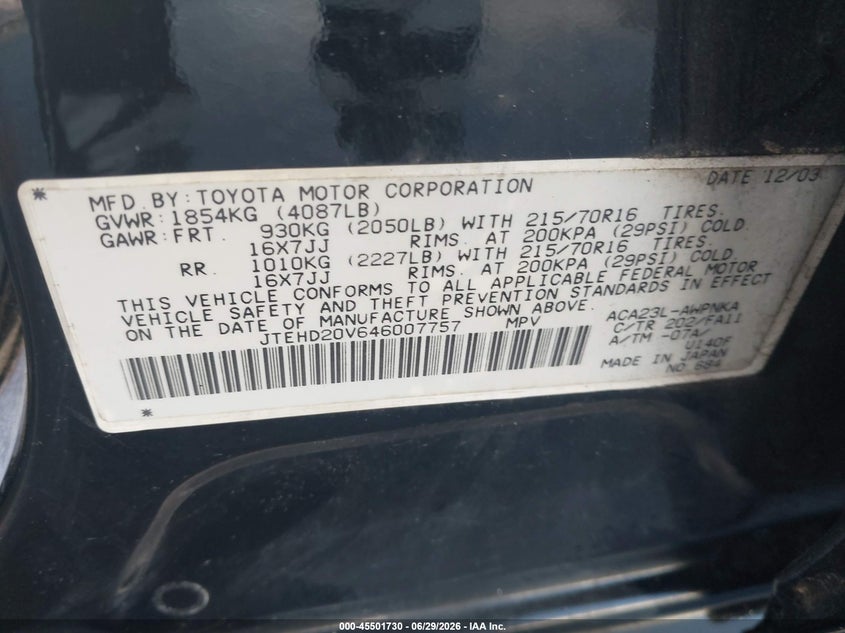 2004 Toyota Rav4 VIN JTEHD20V646007757 IAAI salvage auction — NORMAL WEAR, Clear (Georgia), sold $600 on 2026-07-22 (photo 9)