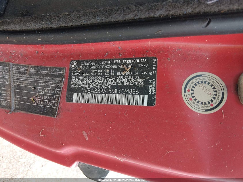 1991 BMW 3 series VIN WBABB2318MEC24886 IAAI salvage auction — LEFT FRONT, Clear (Louisiana), sold $1,600 on 2026-07-06 (photo 9)