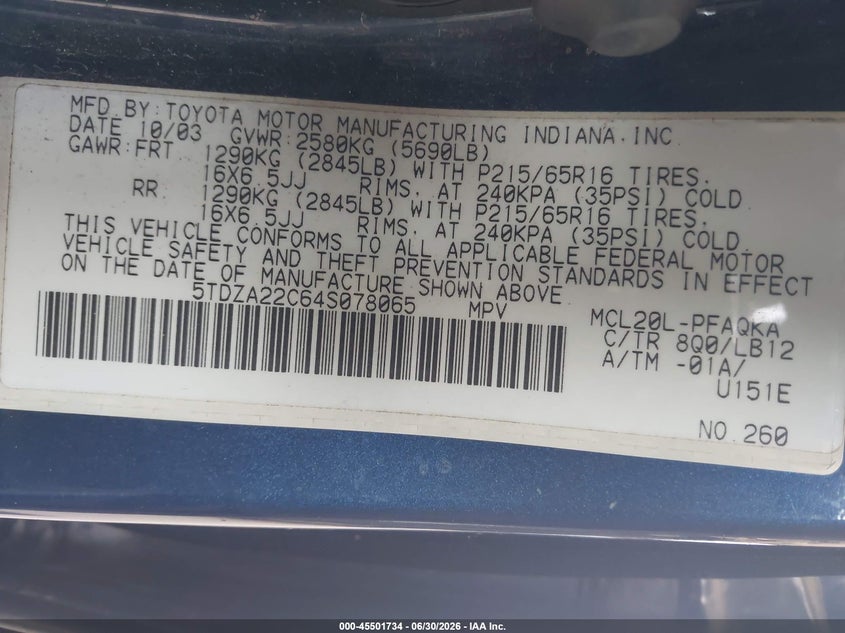 2004 Toyota Sienna VIN 5TDZA22C64S078065 IAAI salvage auction — FRONT END, Bill Of Sale (Washington), sold $400 on 2026-07-15 (photo 9)