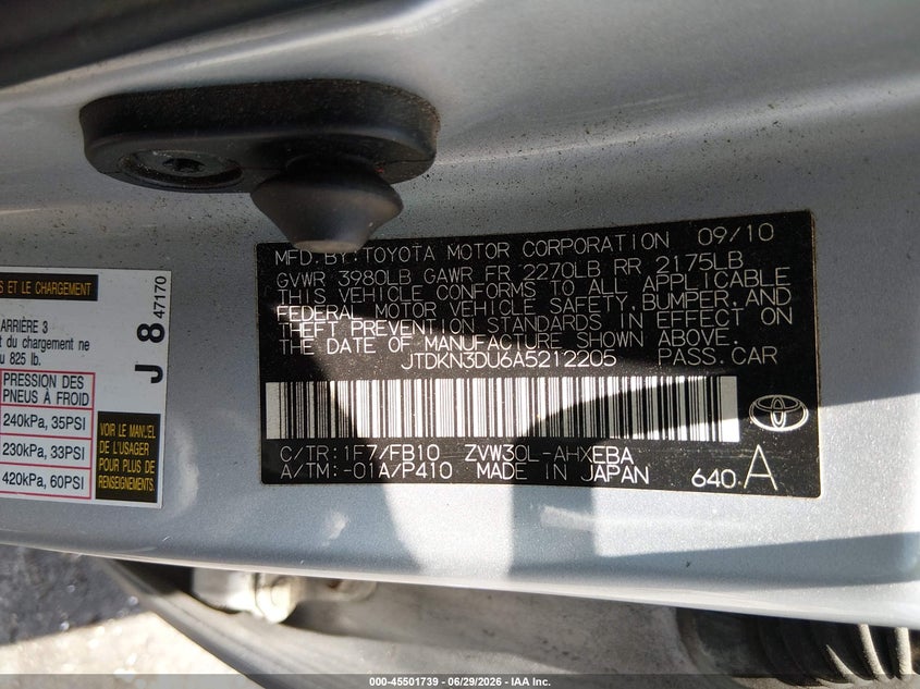 2010 Toyota Prius VIN JTDKN3DU6A5212205 IAAI salvage auction — FRONT & REAR, Rebuildable (Florida), sold $950 on 2026-07-14 (photo 9)