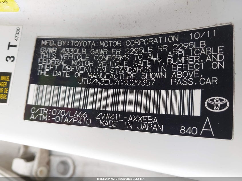 2012 Toyota Prius v VIN JTDZN3EU7C3029357 IAAI salvage auction — NORMAL WEAR, Original (Texas), sold $4,050 on 2026-07-07 (photo 9)