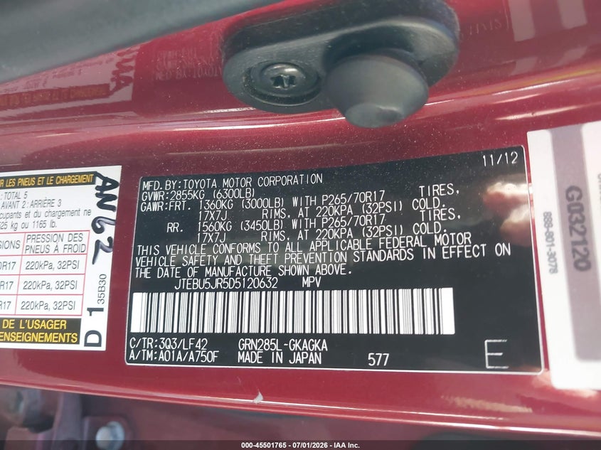 2013 Toyota 4runner VIN JTEBU5JR5D5120632 IAAI salvage auction — FRONT & REAR, Bill Of Sale (Washington), sold $5,100 on 2026-07-28 (photo 9)