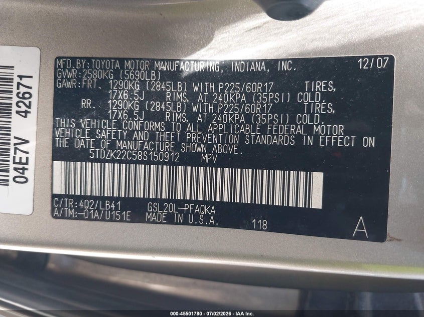 2008 Toyota Sienna VIN 5TDZK22C58S150912 IAAI salvage auction — SIDE, Mv-907A (New York), sold $675 on 2026-07-11 (photo 9)