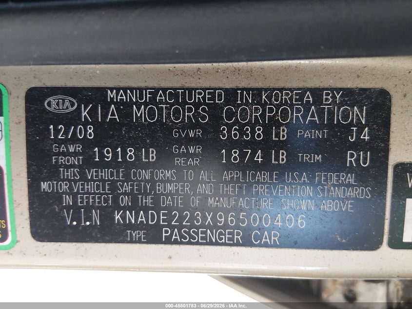 2009 Kia Rio VIN KNADE223X96500406 IAAI salvage auction — NORMAL WEAR, Clear (South Carolina), sold $500 on 2026-07-29 (photo 9)