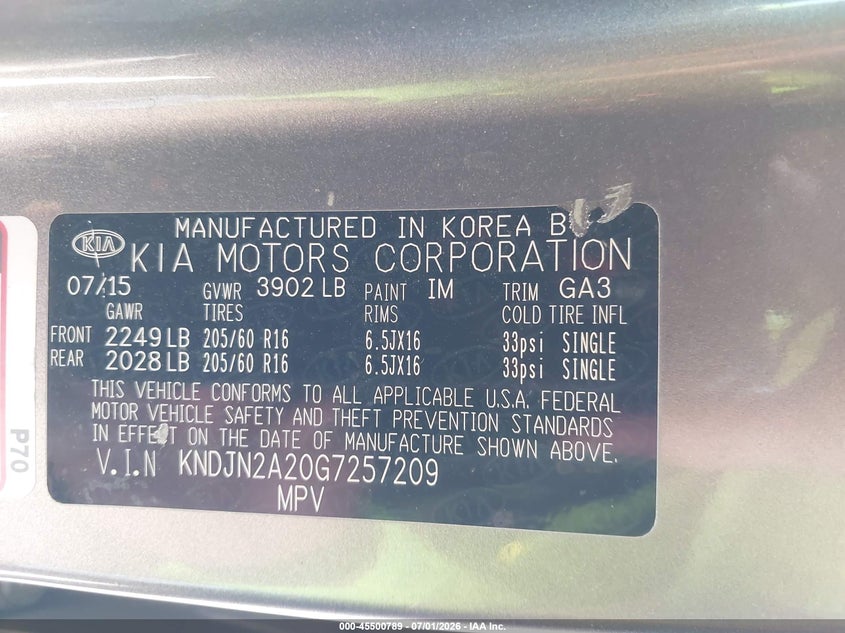 2016 Kia Soul VIN KNDJN2A20G7257209 IAAI salvage auction — FRONT END, Salvage (Texas), sold $25 on 2026-07-29 (photo 9)