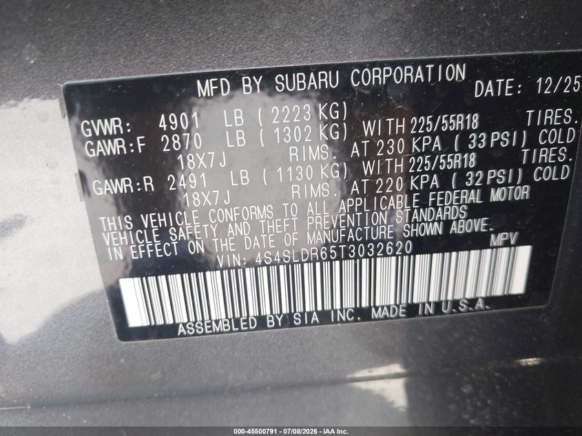 2026 Subaru Forester VIN 4S4SLDR65T3032620 IAAI salvage auction — HAIL, Salvage (Ohio), sold $13,300 on 2026-07-28 (photo 9)