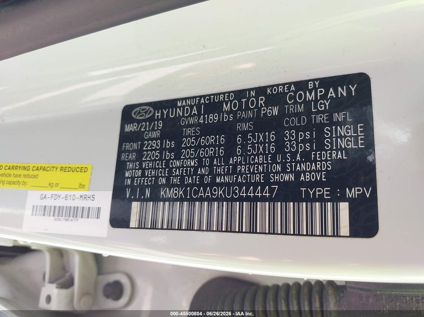 2019 Hyundai Kona VIN KM8K1CAA9KU344447 IAAI salvage auction — NORMAL WEAR, SF97 (Virginia), sold $9,525 on 2026-07-22 (photo 9)