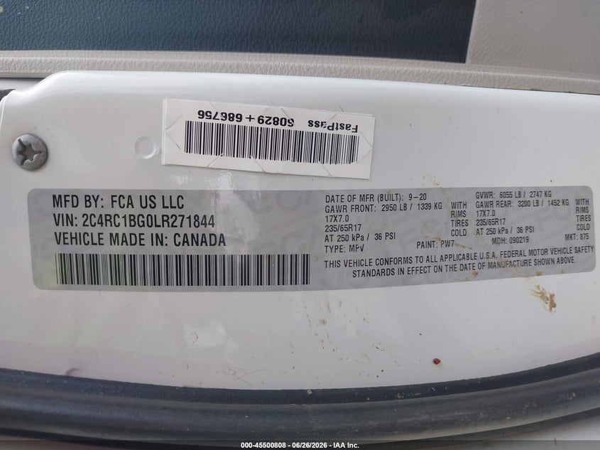 2020 Chrysler Pacifica VIN 2C4RC1BG0LR271844 IAAI salvage auction — SIDE, Salvage Title, sold $1,100 on 2026-09-02 (photo 9)