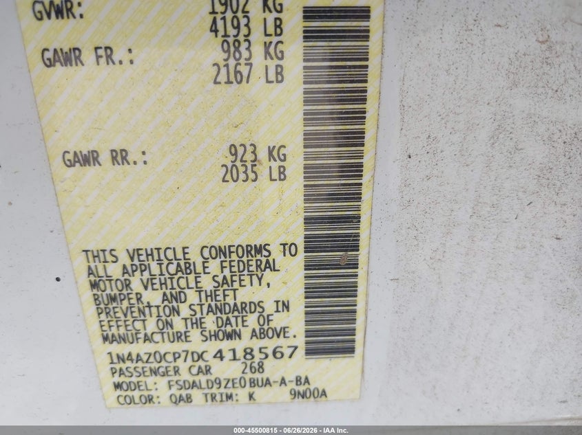 2013 Nissan Leaf VIN 1N4AZ0CP7DC418567 IAAI salvage auction — NORMAL WEAR, Clear (North Carolina), sold $400 on 2026-07-10 (photo 9)