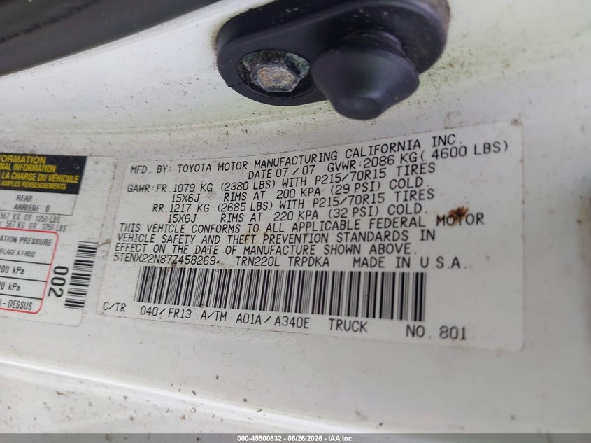 2007 Toyota Tacoma VIN 5TENX22N87Z458269 IAAI salvage auction — NORMAL WEAR, Clear (Georgia), sold $2,600 on 2026-07-07 (photo 9)