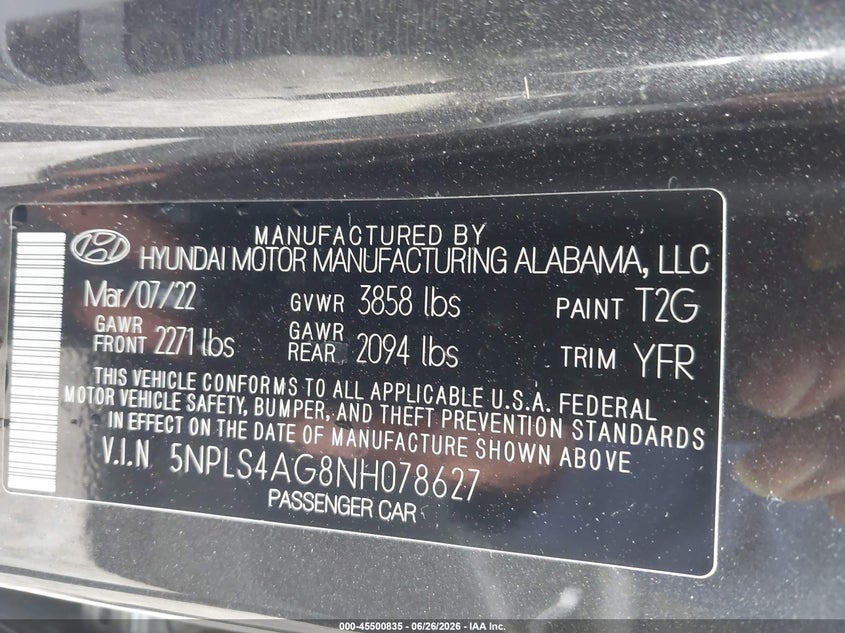 2022 Hyundai Elantra VIN 5NPLS4AG8NH078627 IAAI salvage auction — REAR END, Salvage (Ohio), sold $4,050 on 2026-07-21 (photo 9)