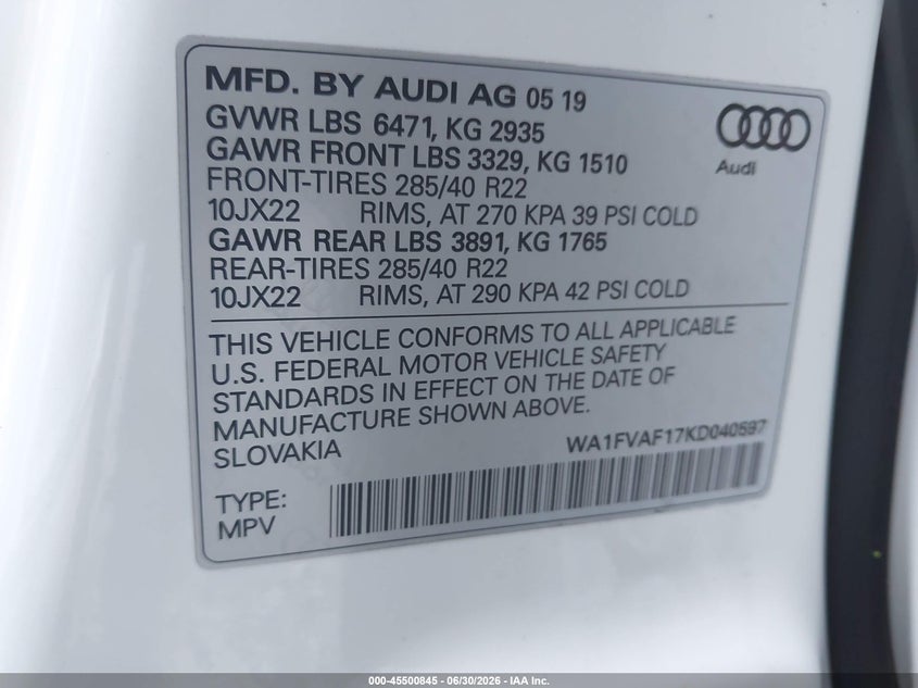 2019 Audi Q8 VIN WA1FVAF17KD040597 IAAI salvage auction — FRONT END, Salvage (New Jersey), sold $20,200 on 2026-07-29 (photo 9)
