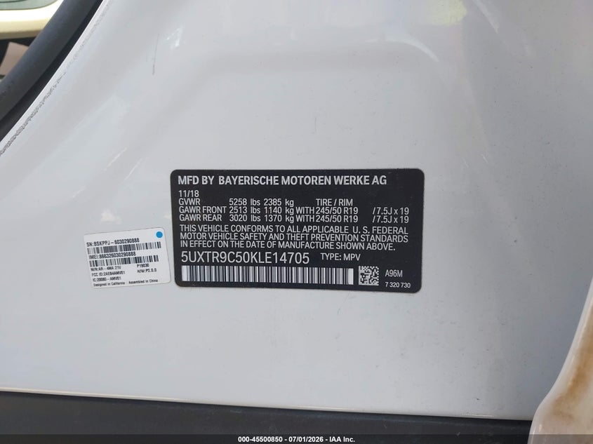2019 BMW X3 VIN 5UXTR9C50KLE14705 IAAI salvage auction — UNKNOWN, Salvage (South Carolina), sold $1,850 on 2026-07-28 (photo 9)