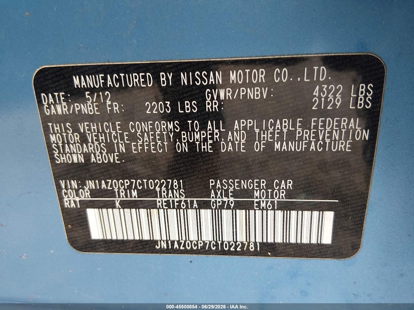 2012 Nissan Leaf VIN JN1AZ0CP7CT022781 IAAI salvage auction — NORMAL WEAR, Clear - Public Restricted (Oregon), sold $300 on 2026-07-13 (photo 9)