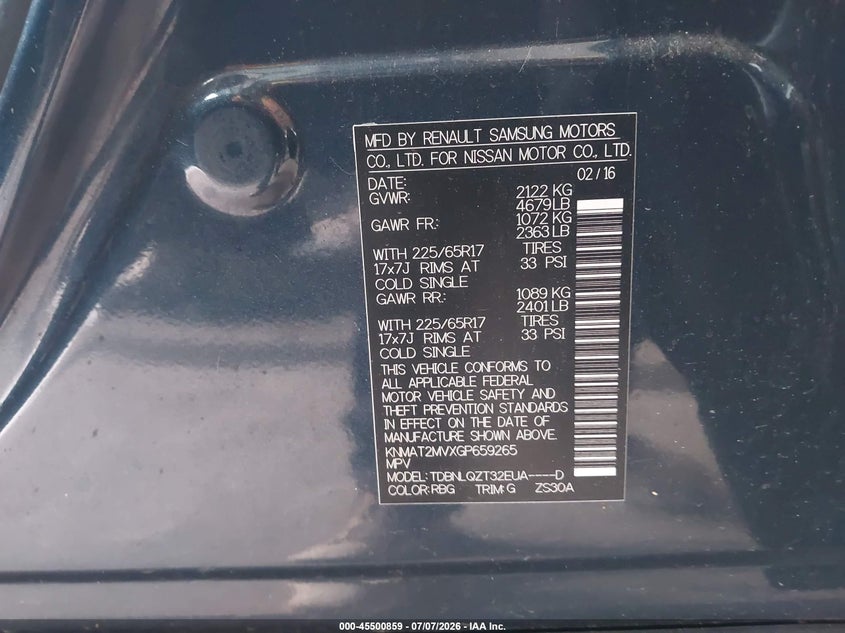 2016 Nissan Rogue VIN KNMAT2MVXGP659265 IAAI salvage auction — RIGHT FRONT, Salvage (Tennessee), sold $1,150 on 2026-07-28 (photo 9)