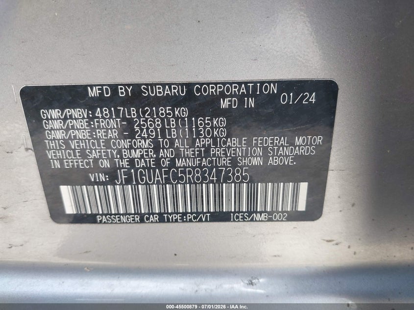 2024 Subaru Impreza VIN JF1GUAFC5R8347385 IAAI salvage auction — HAIL, Salvage (Ohio), sold $5,200 on 2026-07-21 (photo 9)