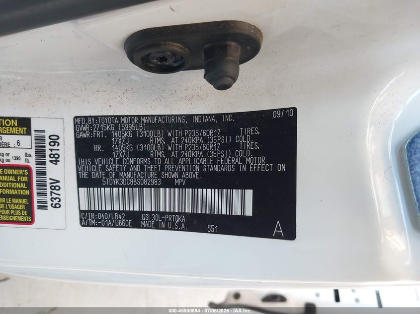 2011 Toyota Sienna VIN 5TDYK3DC8BS082983 IAAI salvage auction — LEFT FRONT, Bill Of Sale (Washington), sold $3,950 on 2026-07-15 (photo 9)