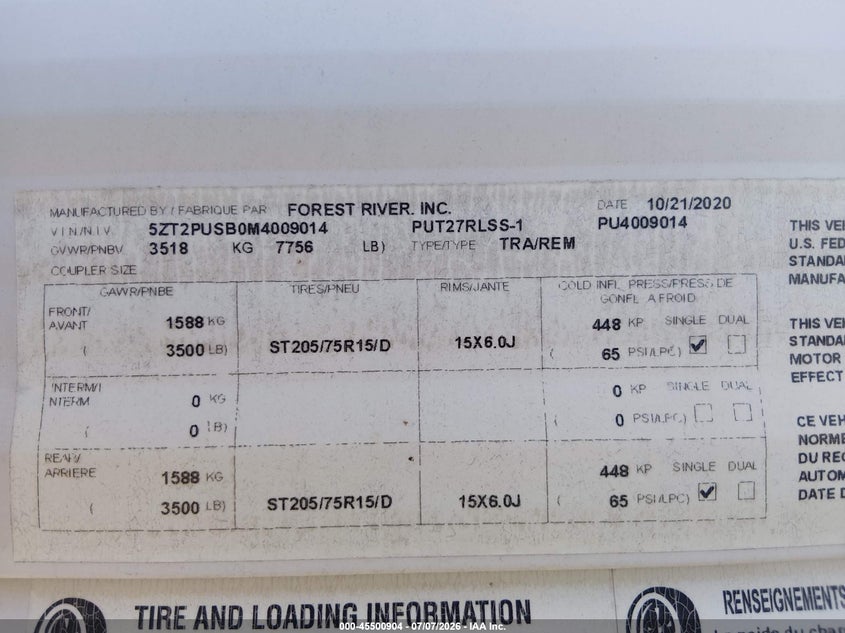 2021 Puma VIN 5ZT2PUSB0M4009014 IAAI salvage auction — HAIL, Wait Title, sold $6,300 on 2026-10-15 (photo 9)