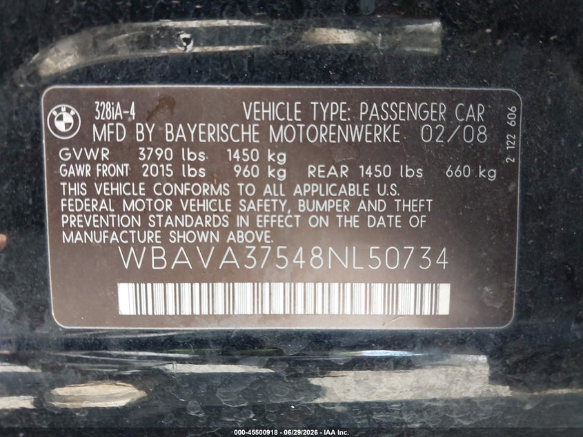 2008 BMW 3 series VIN WBAVA37548NL50734 IAAI salvage auction — FRONT END, Salvage (California), sold $875 on 2026-07-29 (photo 9)