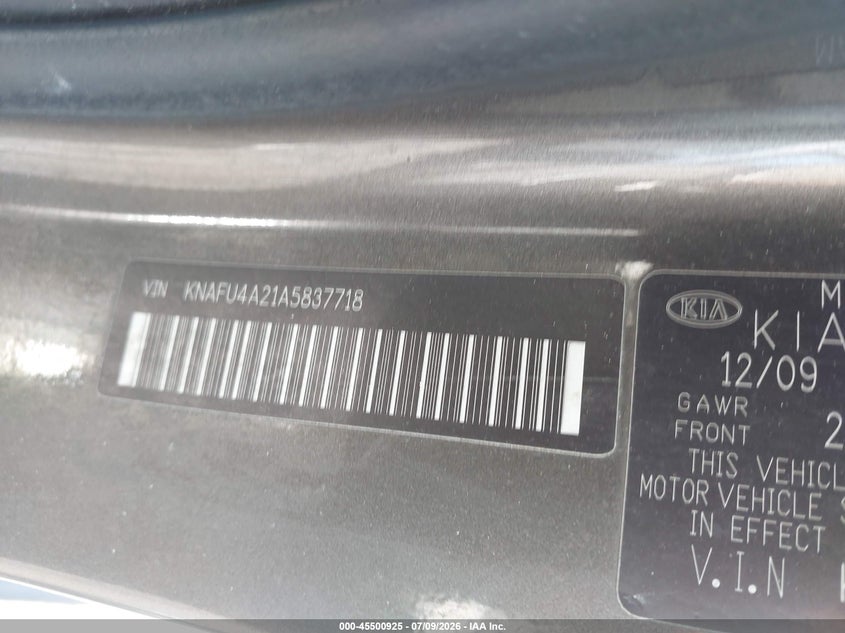 2010 Kia Forte VIN KNAFU4A21A5837718 IAAI salvage auction — FRONT END, Clear (Massachusetts), sold $400 on 2026-07-17 (photo 9)