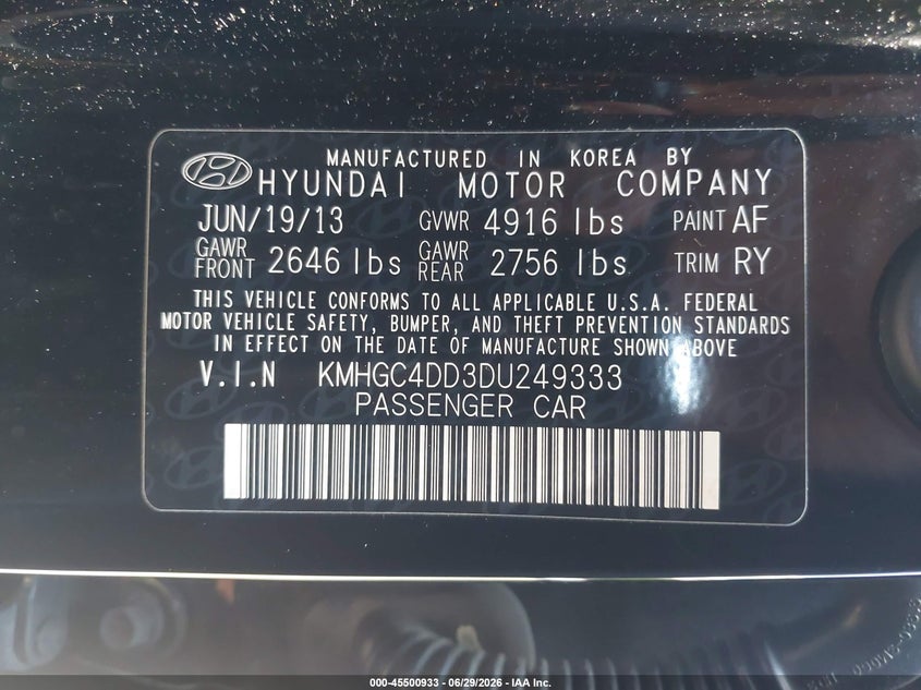 2013 Hyundai Genesis VIN KMHGC4DD3DU249333 IAAI salvage auction — LEFT & RIGHT, Salvage (Idaho), sold $1,325 on 2026-07-15 (photo 9)