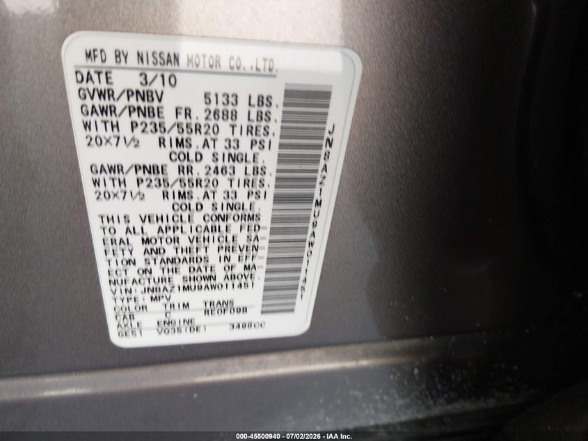 2010 Nissan Murano VIN JN8AZ1MU9AW011451 IAAI salvage auction — NORMAL WEAR, Original (Texas), sold $475 on 2026-07-20 (photo 9)