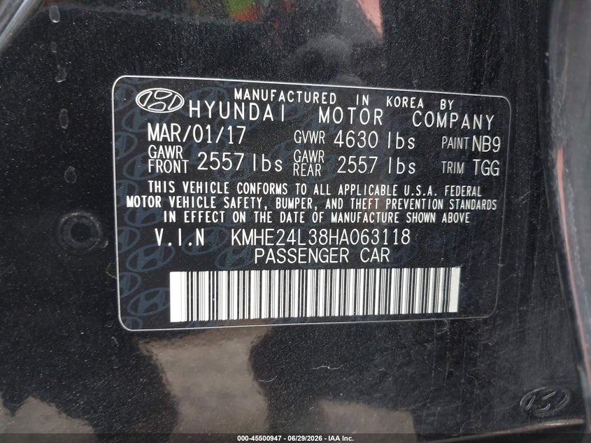 2017 Hyundai Sonata VIN KMHE24L38HA063118 IAAI salvage auction — NORMAL WEAR, Clear (Washington), sold $2,250 on 2026-07-08 (photo 9)