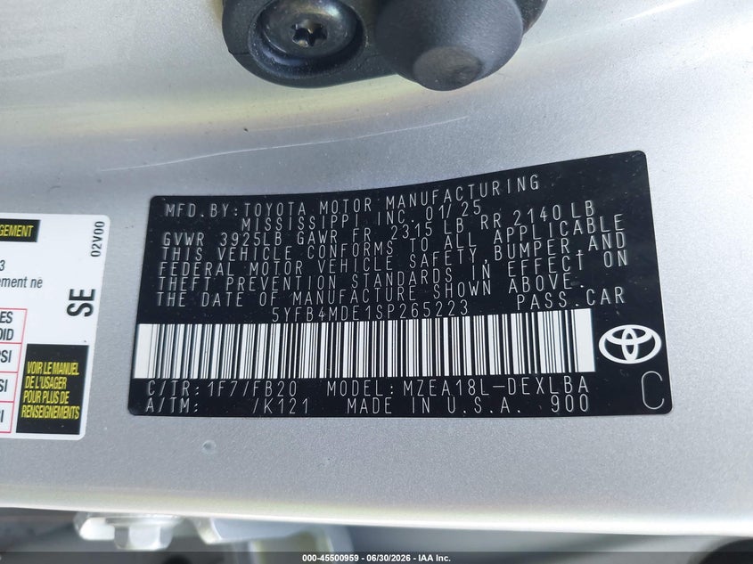 2025 Toyota Corolla VIN 5YFB4MDE1SP265223 IAAI salvage auction — LEFT REAR, Salvage Title, sold $8,600 on 2026-07-10 (photo 9)