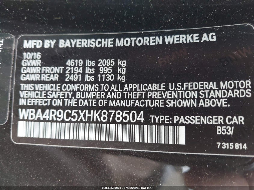 2017 BMW 4er VIN WBA4R9C5XHK878504 IAAI salvage auction — SIDE, Salvage Title, sold $2,800 on 2026-07-23 (photo 9)