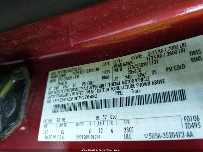 2015 Ford F-150 VIN 1FTEW1EF3FFC76492 IAAI salvage auction — SIDE, Salvage (Louisiana), sold $5,500 on 2026-07-26 (photo 9)